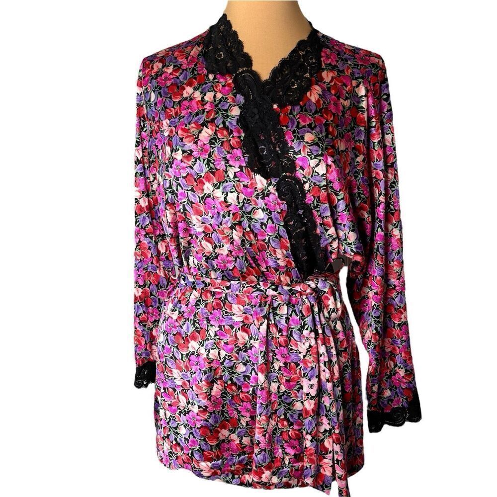 Vintage Vanity Fair Sz L Floral Tie Waist Short Robe Vibrant Colors Made In USA